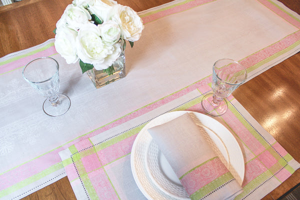 French Home French Home Linen 20" X 68" Cleopatra Table Runner - Chartreuse Rose And Pale Lavender