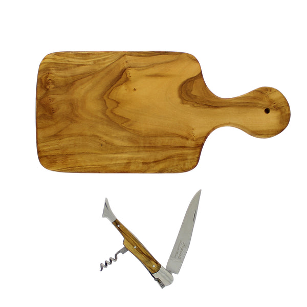 french home French Home Olive Wood 11-inch Cutting board with a Laguiole Pocket Knife with Cork Screw