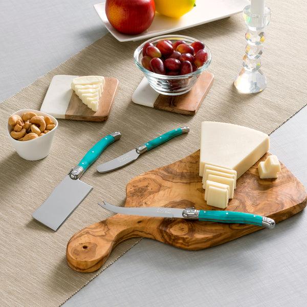 French Home French Home Olive Wood 13-inch Cheese Board And Set Of 3 Laguiole Cheese Knives With Faux Turquoise Handles