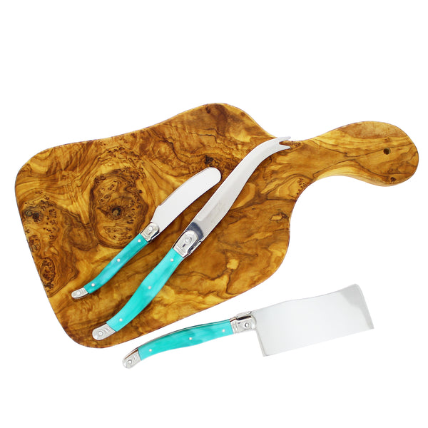 French Home French Home Olive Wood 13-inch Cheese Board And Set Of 3 Laguiole Cheese Knives With Faux Turquoise Handles