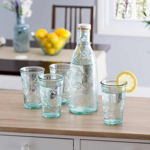 French Home French Home Recycled Clear Glass 1-quart Coastal Water Bottle And Set Of 4 10-ounce Glasses