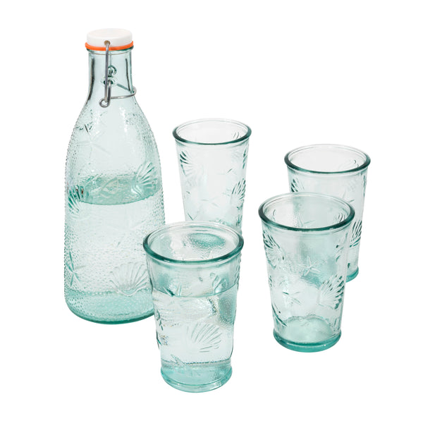 french home French Home Recycled Clear Glass 1-quart Coastal Water Bottle and Set of 4 10-ounce Glasses