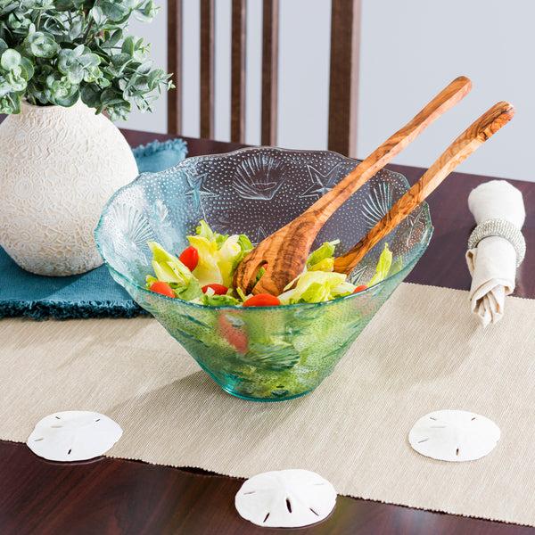 French Home French Home Recycled Clear Glass 12"W X 6"H Coastal Salad Bowl And Olive Wood Servers