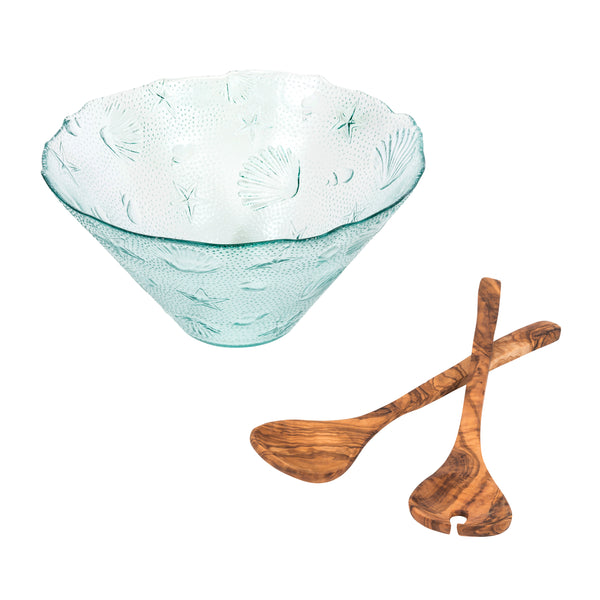 French Home French Home Recycled Clear Glass 12"W X 6"H Coastal Salad Bowl And Olive Wood Servers
