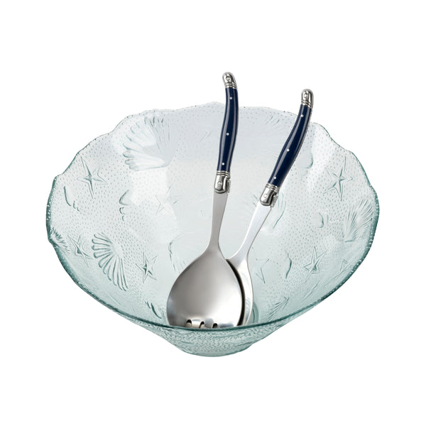 French Home French Home Recycled Clear Glass 12"W X 6"H Coastal Salad Bowl And Laguiole Salad Servers With Navy Blue Handles