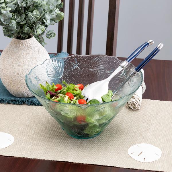 French Home French Home Recycled Clear Glass 12"W X 6"H Coastal Salad Bowl And Laguiole Salad Servers With Navy Blue Handles