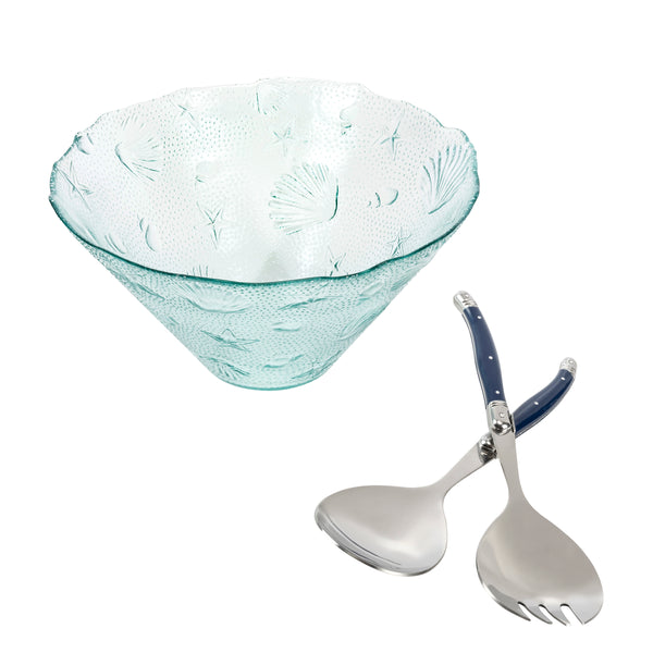 french home French Home Recycled Clear Glass 12"W x 6"H Coastal Salad Bowl and Laguiole Salad Servers with Navy Blue Handles