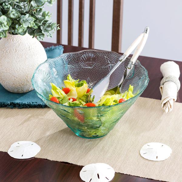 French Home French Home Recycled Clear Glass 12"W X 6"H Coastal Salad Bowl And Laguiole Salad Servers With Faux Ivory Handles
