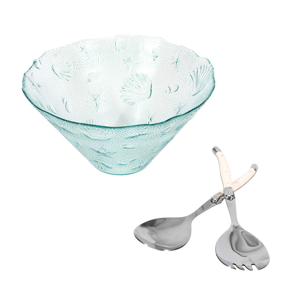french home French Home Recycled Clear Glass 12"W x 6"H Coastal Salad Bowl and Laguiole Salad Servers with Faux Ivory Handles