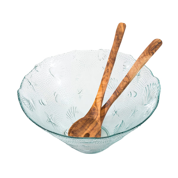 french home French Home Recycled Clear Glass 12"W x 6"H Coastal Salad Bowl and Olive Wood Servers
