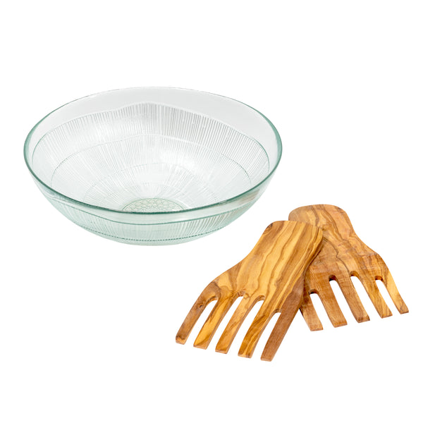 french home French Home Recycled Glass 12" x 6" Birch Salad Bowl and Olive Wood Server Hands Clear