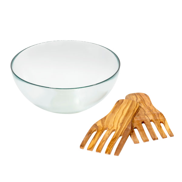 french home French Home Recycled Glass 12" x 6" Urban Salad Bowl and Olive Wood Server Hands Clear