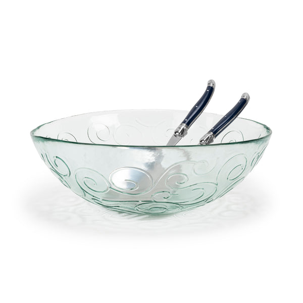 French Home French Home Recycled Glass Celebration Salad Bowl With Navy Laguiole Serving Utensils