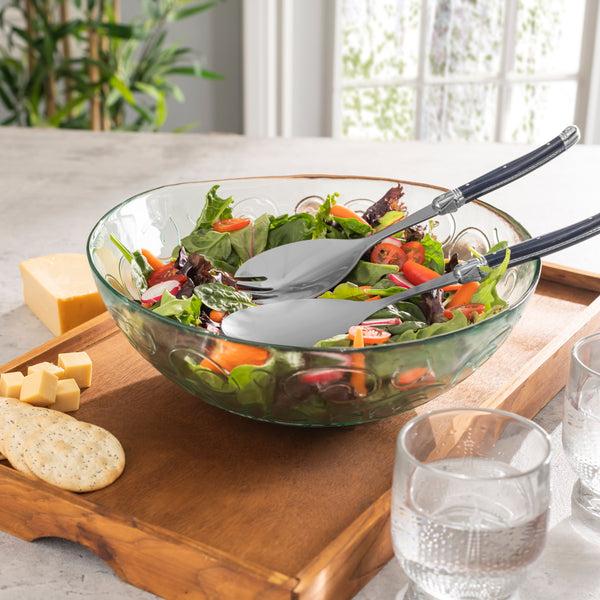 French Home French Home Recycled Glass Celebration Salad Bowl With Navy Laguiole Serving Utensils