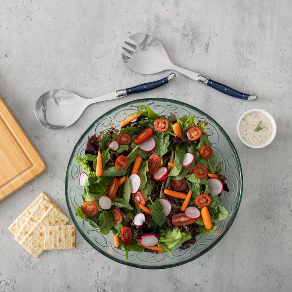 French Home French Home Recycled Glass Celebration Salad Bowl With Navy Laguiole Serving Utensils