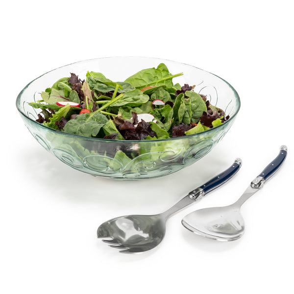french home French Home Recycled Glass Celebration Salad Bowl with Navy Laguiole Serving Utensils