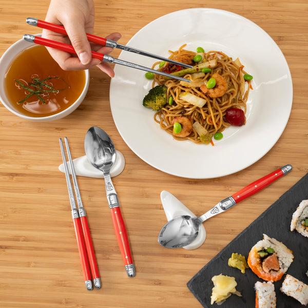French Home French Home Red Chopsticks Laguiole Spoons And Ceramic Rests Set Of 4 Pairs