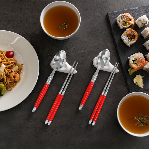 French Home French Home Red Chopsticks Laguiole Spoons And Ceramic Rests Set Of 4 Pairs