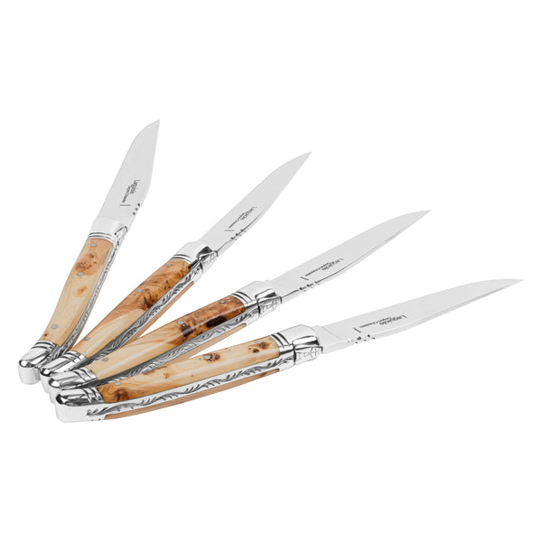 French Home Goyon-Chazeau Set Of 4 Laguiole Steak Knives With Juniper Wood Handles