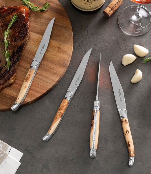 French Home Goyon-Chazeau Set Of 4 Laguiole Steak Knives With Juniper Wood Handles
