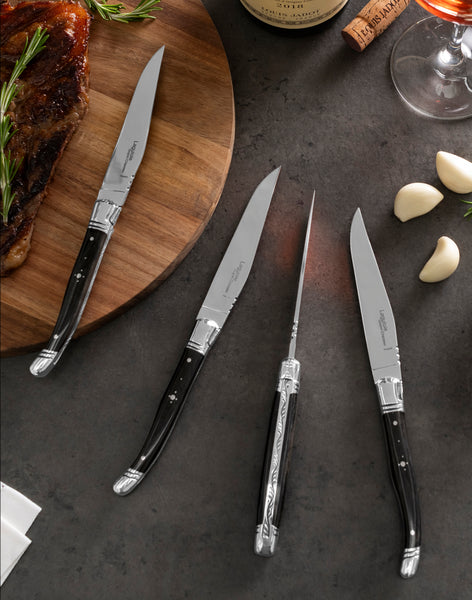 French Home Goyon-Chazeau Set Of 4 Laguiole Steak Knives With Ebony Wood Handles