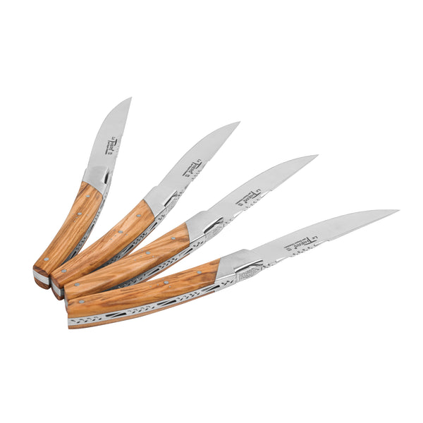 French Home Goyon-Chazeau Set Of 4 Pirou Castle Steak Knives With Olive Wood Handles