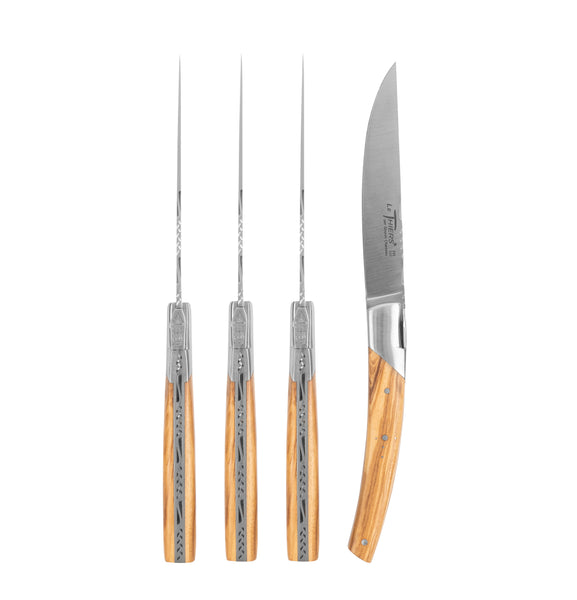 french home Goyon-Chazeau Set of 4 Pirou Castle Steak Knives with Olive Wood Handles