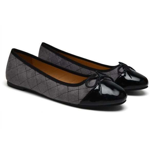 French Sole Amelie Grey Quilted Suede Black Patent Toe (AML555)