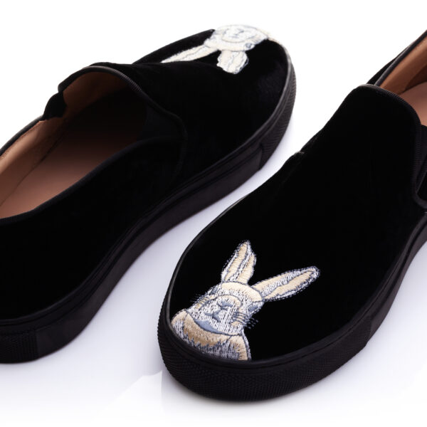 French Sole Board Walker Black Velvet Bunny Embroidery (BW61)