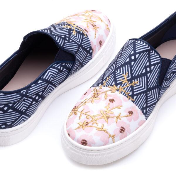 French Sole Board Walker Blue Mix Print Textile Floral Embroidery (BW40)