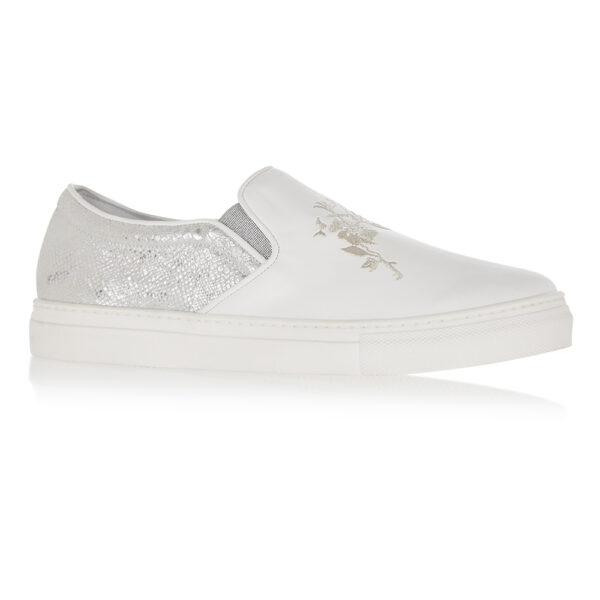 French Sole Board Walker White Leather Floral Embroidery (BW39)