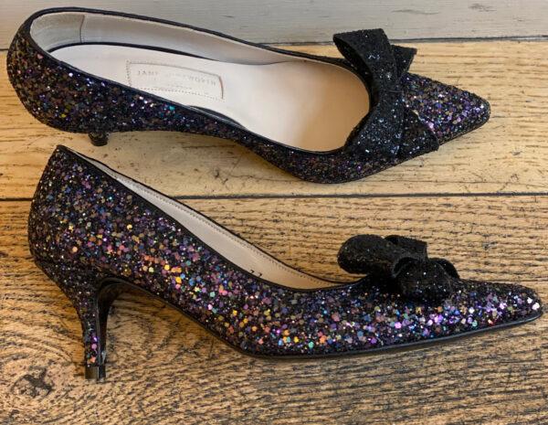 French Sole Brenda Heel Navy Glitter Black Glitter Bow (BMH11)