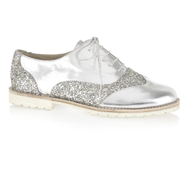 French Sole Brogues Silver Glitter Leather (BG24)