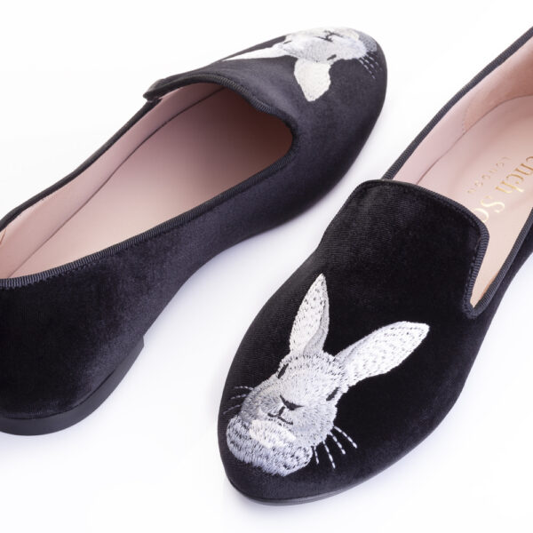 French Sole Hefner Black Velvet Bunny Embroidery (HFF132)
