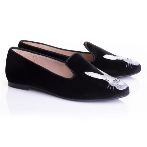 French Sole Hefner Black Velvet Bunny Embroidery (HFF132)
