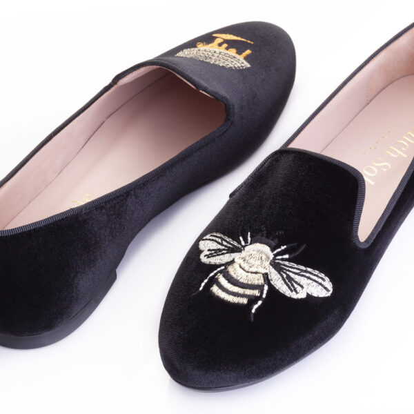 French Sole Hefner Black Velvet Gold Bee & Hive Embroidery (HFF118)