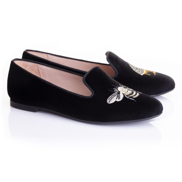French Sole Hefner Black Velvet Gold Bee & Hive Embroidery (HFF118)