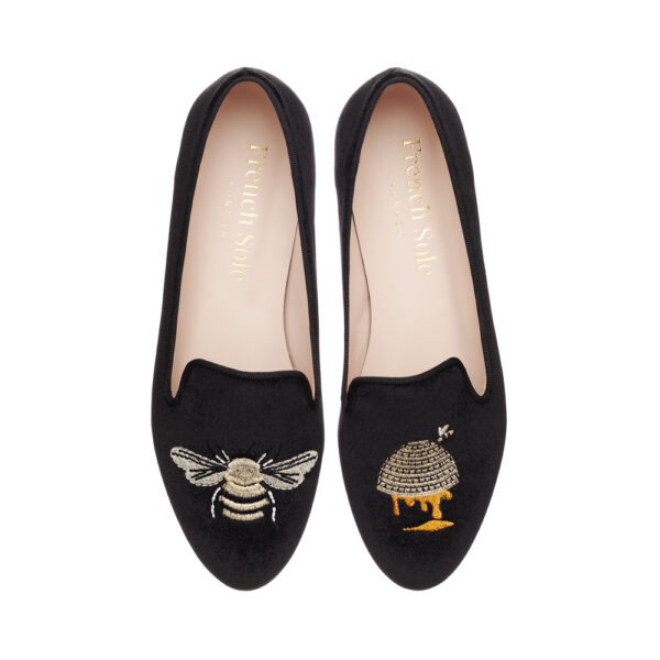 french sole Hefner Black Velvet Gold Bee & Hive Embroidery (HFF118)