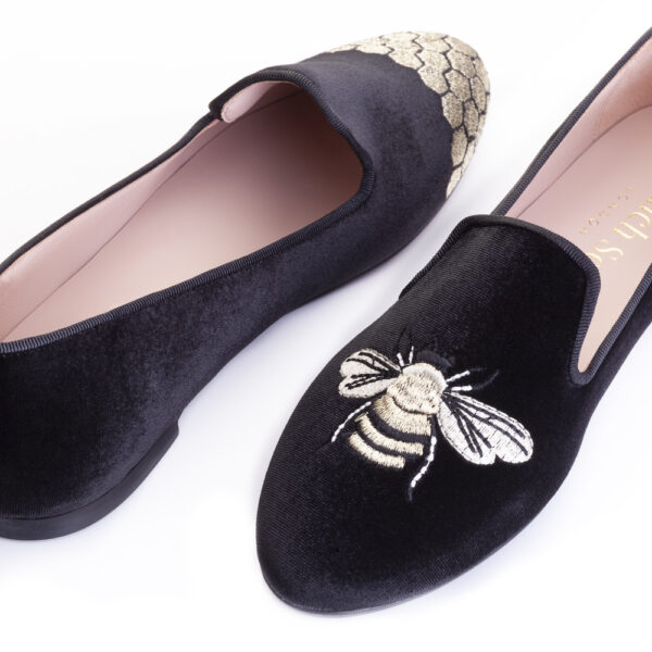 French Sole Hefner Black Velvet Gold Bee & Honeycomb Embroidery (HFF119)
