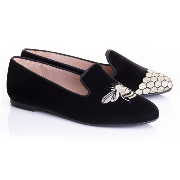 French Sole Hefner Black Velvet Gold Bee & Honeycomb Embroidery (HFF119)