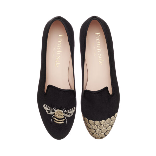french sole Hefner Black Velvet Gold Bee & Honeycomb Embroidery (HFF119)