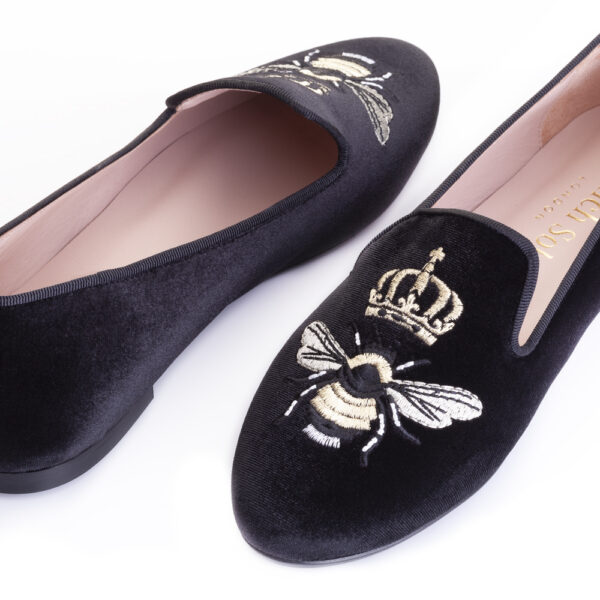 French Sole Hefner Black Velvet Gold Queen Bee Embroidery (HFF127)