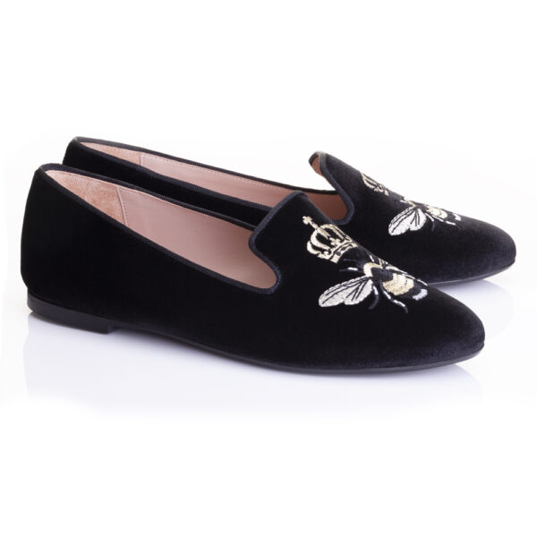 French Sole Hefner Black Velvet Gold Queen Bee Embroidery (HFF127)