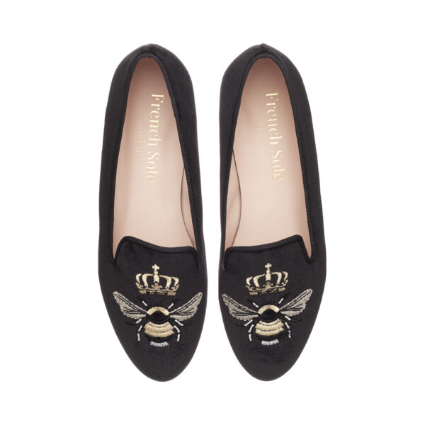 french sole Hefner Black Velvet Gold Queen Bee Embroidery (HFF127)