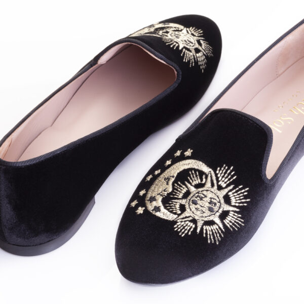 French Sole Hefner Black Velvet Gold Sun & Moon Embroidery (HFF1096)