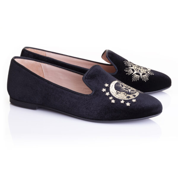 French Sole Hefner Black Velvet Gold Sun & Moon Embroidery (HFF1096)
