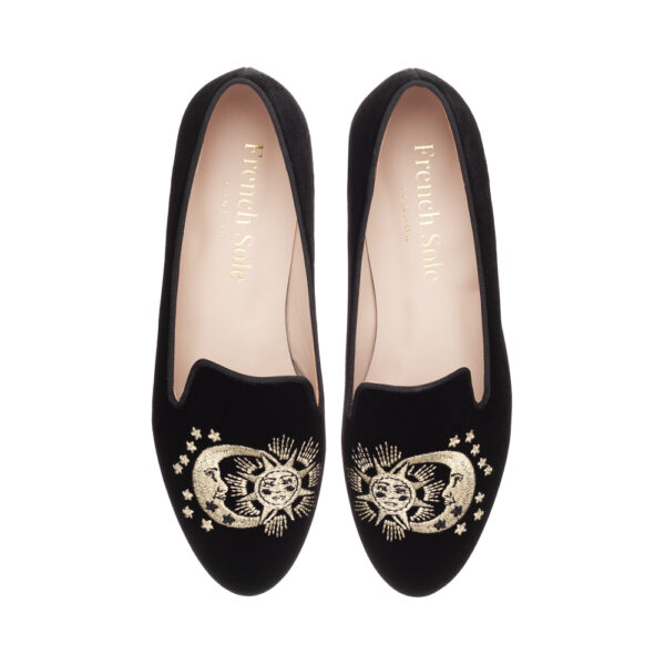french sole Hefner Black Velvet Gold Sun & Moon Embroidery (HFF1096)