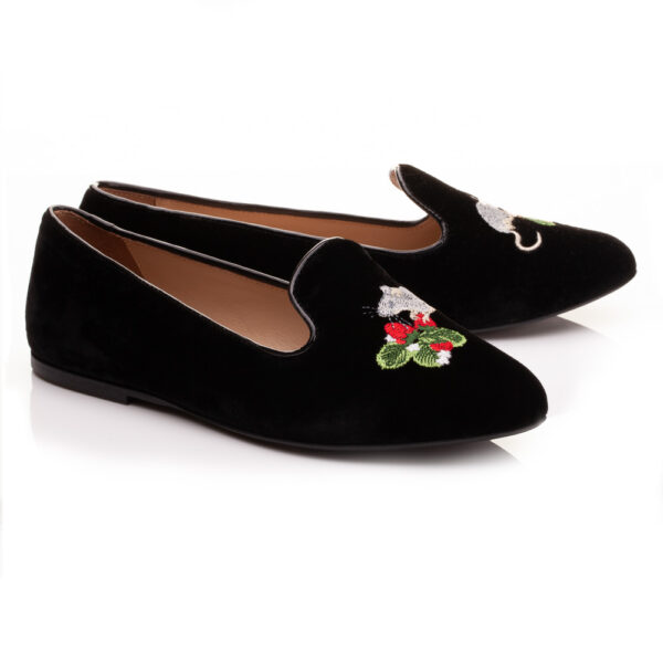 French Sole Hefner Black Velvet Mouse Strawberries Embroidery (HFF224)