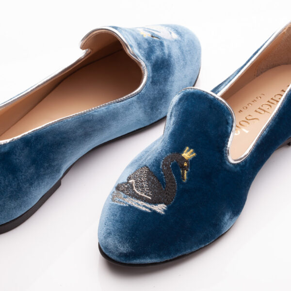 French Sole Hefner Blue Velvet Black & White Swan Embroidery (HFF1155)