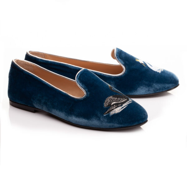 French Sole Hefner Blue Velvet Black & White Swan Embroidery (HFF1155)